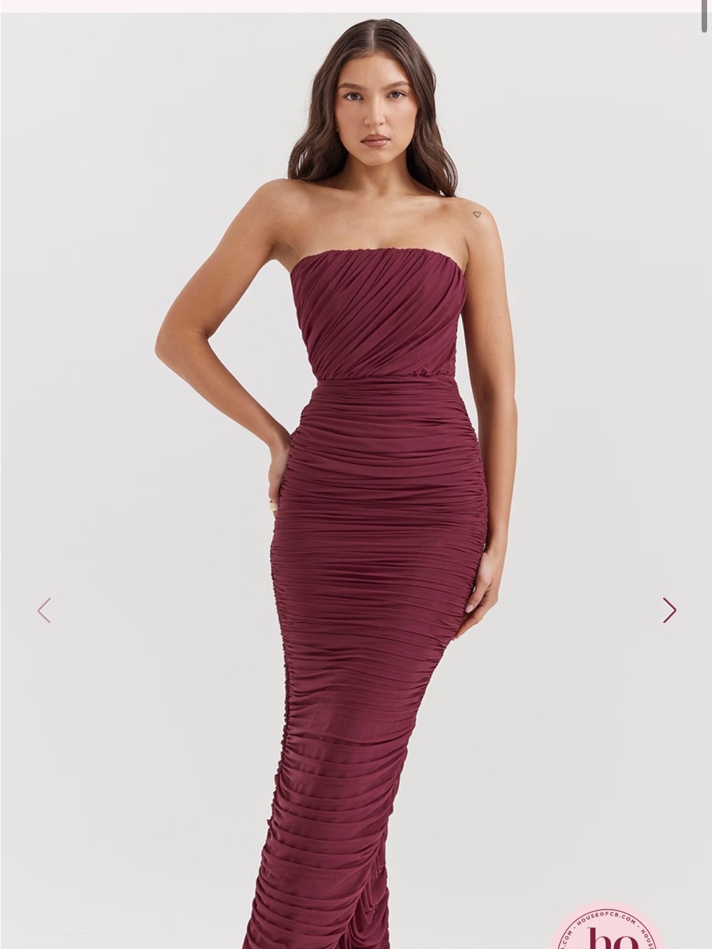 House Of Cb Strapless Ruched Gown In Wine